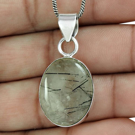 Anniversary Gift For Her Natural Black Rutile Pendant Bohemian 925 Silver I20