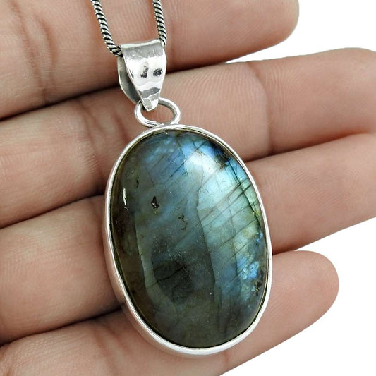 Natural Labradorite Gemstone Pendant Vintage 925 Sterling Silver For Girls J20