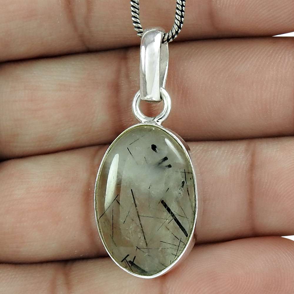 Natural Rutilated Quartz Gemstone Pendant Ethnic 925 Silver For Women Y6