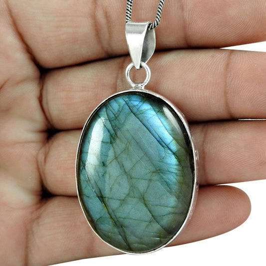Natural Labradorite Gemstone Pendant Ethnic Blue 925 Sterling Silver Jewelry M24