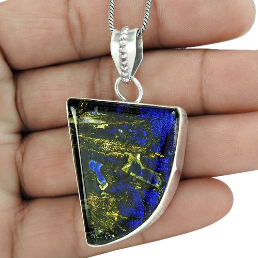 Natural Dico Glass Gemstone Pendant 925 Sterling Silver Indian Jewelry P13