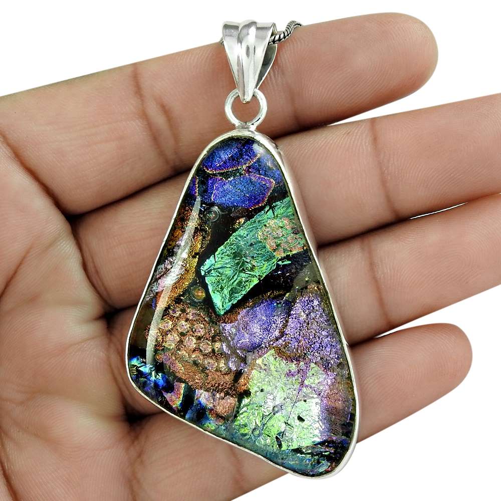 Natural Dico Glass Gemstone Pendant Vintage 925 Sterling Silver For Girls T39