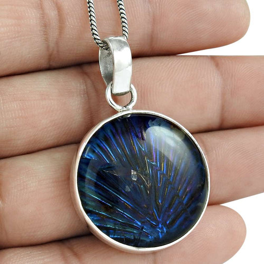 Natural Dico Glass Gemstone Pendant Boho 925 Sterling Silver J19