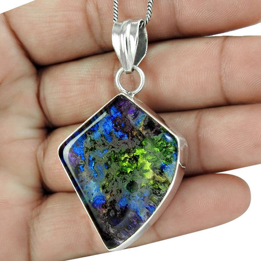 Natural Dico Glass Gemstone 925 Sterling Silver Pendant Bohemian For Girls I9