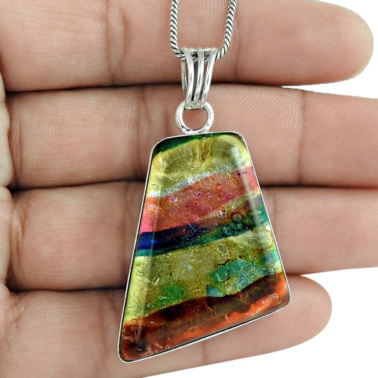 Natural Dico Glass Gemstone 925 Sterling Silver Pendant Ethnic For Girls U39