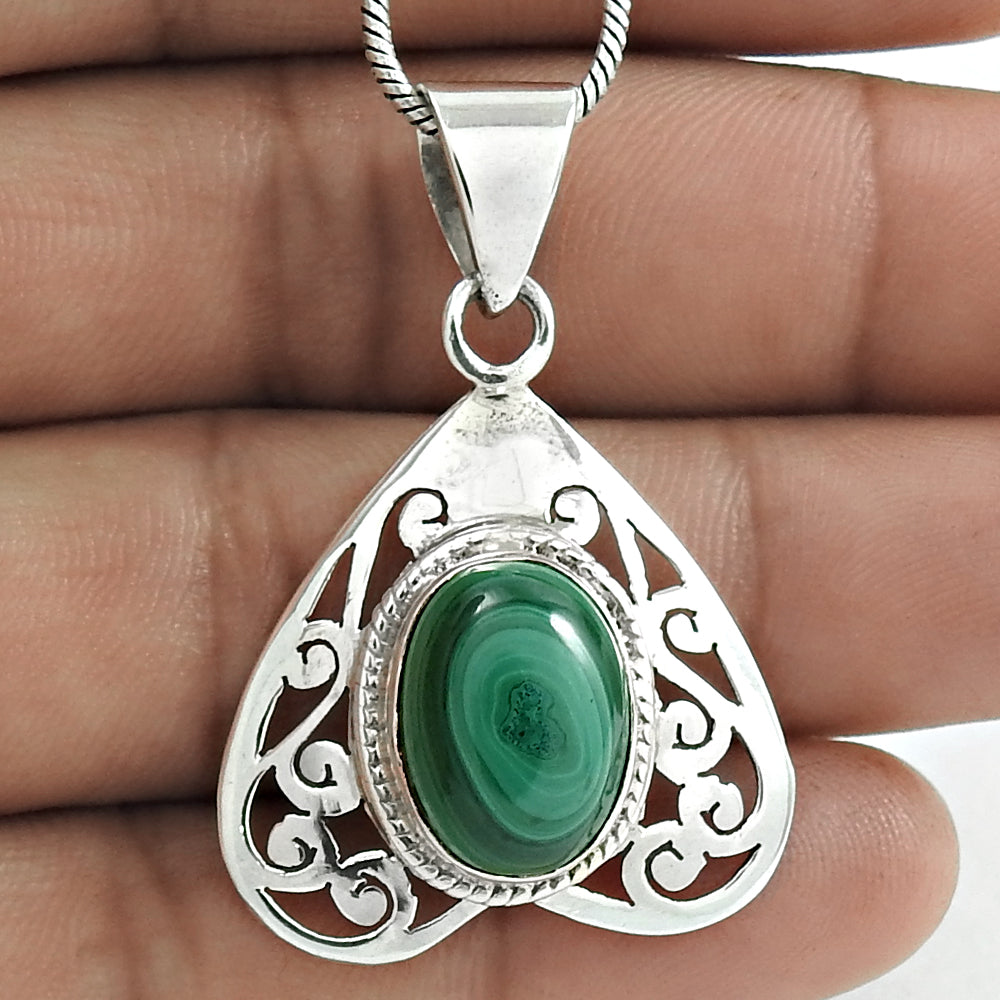 Christmas Gift 925 Silver Natural Malachite Gemstone Pendant Heart A7