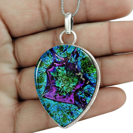 Natural Dico Glass Gemstone Pendant Tribal 925 Sterling Silver For Women Z14