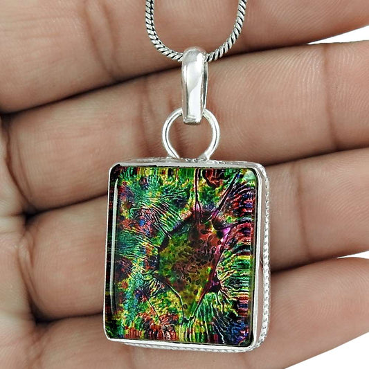 Natural Dico Glass Gemstone Pendant Multicolor 925 Sterling Silver Jewelry R13