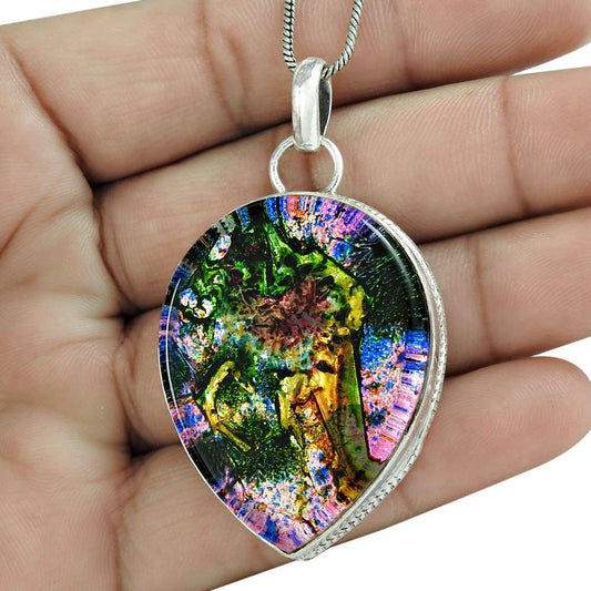 Rare 925 Sterling Silver Dico Glass Gemstone Pendant Traditional Jewelry D43