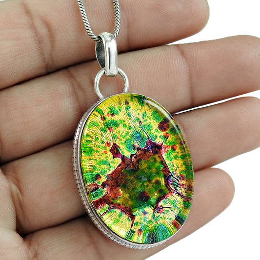 Halloween Gift Natural Dico Glass Gemstone Pendant 925 Silver T13