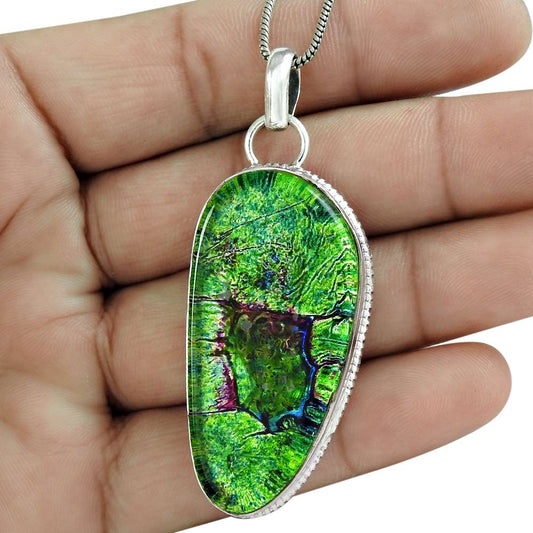 Natural Dico Glass Gemstone Pendant Boho 925 Sterling Silver For Girls Q4