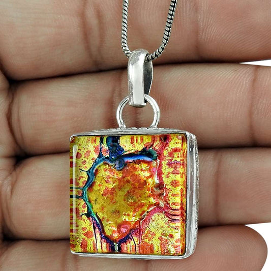 Natural Dico Glass Gemstone Pendant Bohemian Yellow 925 Sterling Silver R8