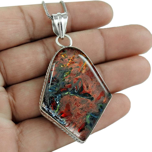 Natural Dico Glass Gemstone Pendant 925 Sterling Silver Jewelry For Women U13