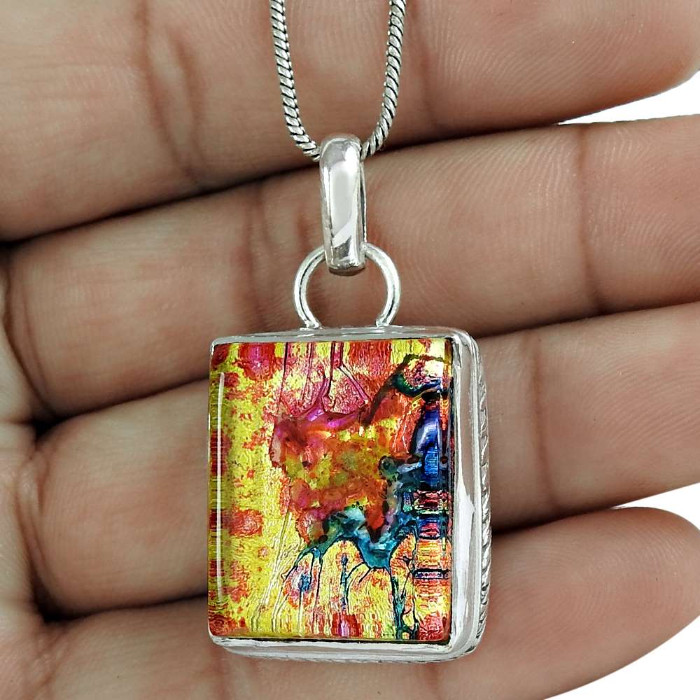 Birthday Gift For Her Natural Dico Glass Gemstone Pendant Ethnic 925 Silver S8