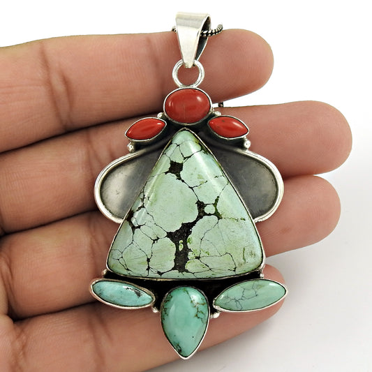 Natural Turquoise Gemstone Pendant Bohemian 925 Sterling Silver Jewelry B7