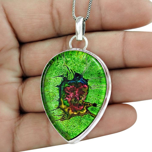 Natural Dico Glass Gemstone Pendant Green 925 Sterling Silver Indian Jewelry Y13