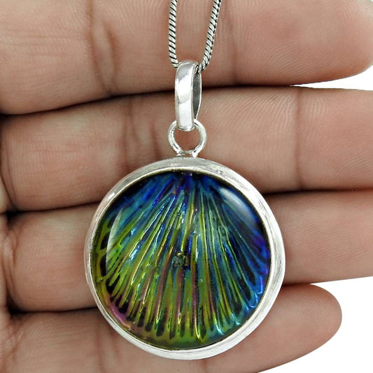 Gift For Women Pendant Tribal 925 Silver Natural Dico Glass Gemstone A28
