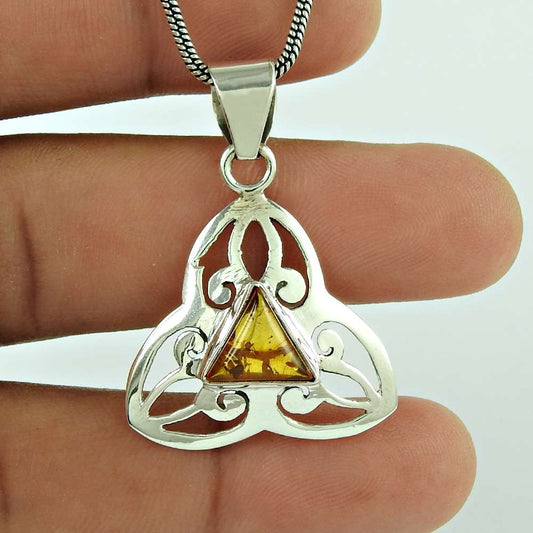 Natural Amber Gemstone Pendant Tribal 925 Sterling Silver Jewelry For Girls H8