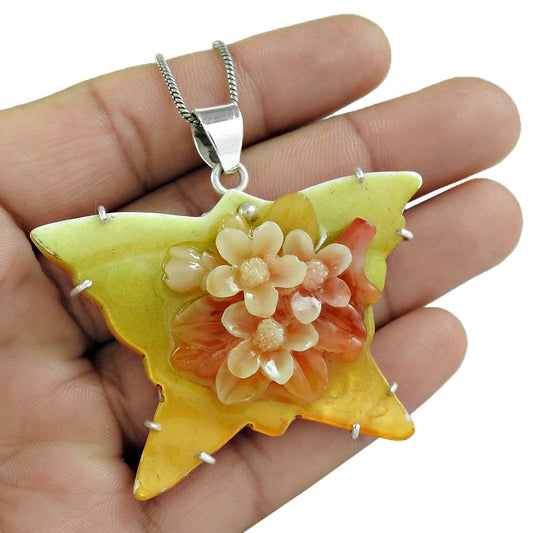 Natural Shell Gemstone Pendant Boho 925 Sterling Silver Jewelry For Women T8