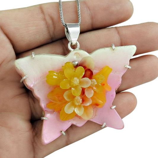 Halloween Gift Natural Shell Gemstone Pendant 925 Sterling Silver Jewelry T19