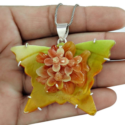 Natural Shell Gemstone Pendant Bohemian Yellow 925 Sterling Silver Jewelry V39