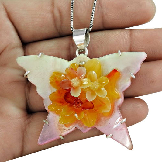 Natural Shell Gemstone Pendant Handmade 925 Sterling Silver Indian Jewelry I14