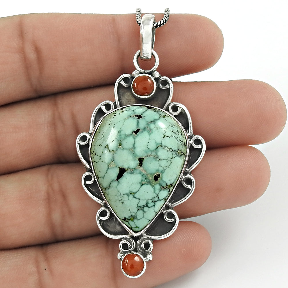 Bohemian Pendant Christmas Gift Natural Coral Turquoise Gemstone 925 Silver Z20