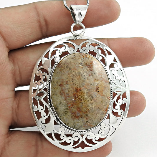 Natural Fossil Coral Gemstone Pendant Bohemian 925 Sterling Silver For Girls Q1