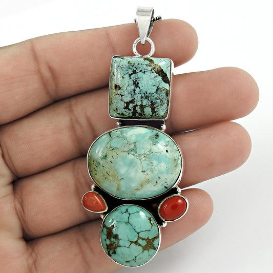 Christmas Gift Natural Turquoise Coral Gemstone Boho Pendant 925 Silver Jewelry