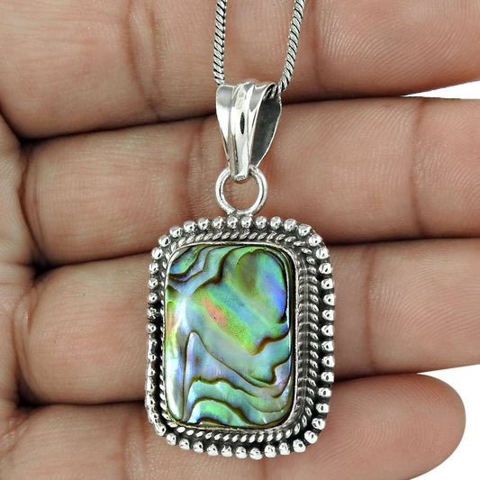 Natural Abalone Shell Gemstone Pendant Bohemian 925 Sterling Silver J6