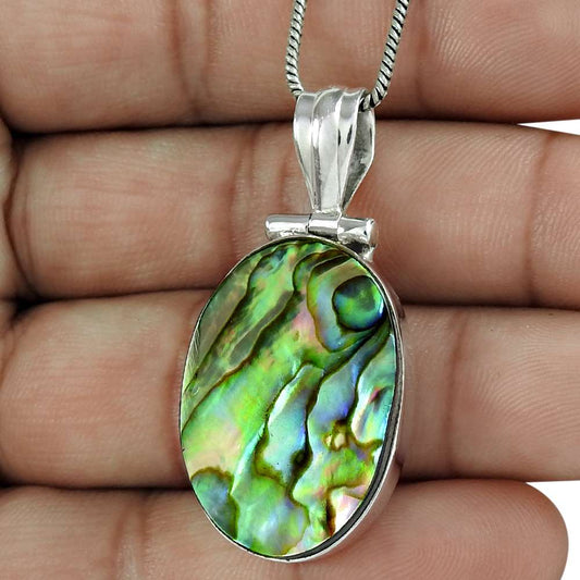 Natural Abalone Shell Gemstone Pendant 925 Sterling Silver Indian Jewelry G4