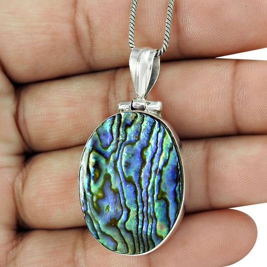 Natural Abalone Shell Gemstone Pendant Vintage 925 Sterling Silver For Girls W39