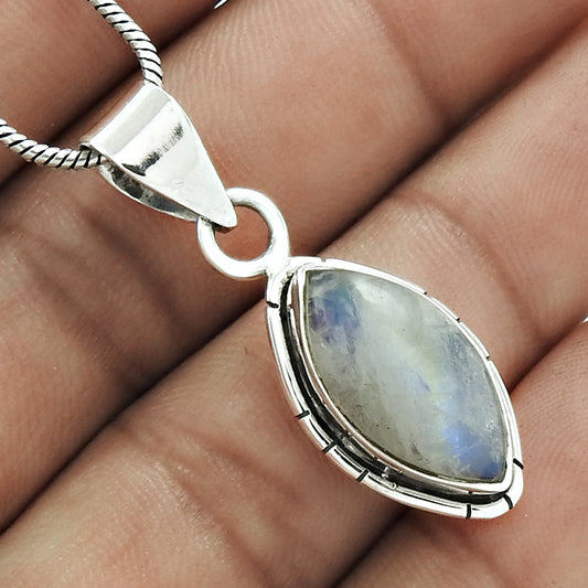 Natural Rainbow Moonstone Christmas Gift Pendant Bohemian 925 Sterling Silver C5