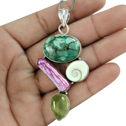 Halloween Gift Natural Turquoise Gemstone Pendant Boho 925 Sterling Silver W19