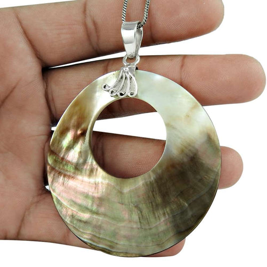 Natural Shell Gemstone Pendant 925 Sterling Silver Indian Jewelry For Women U14