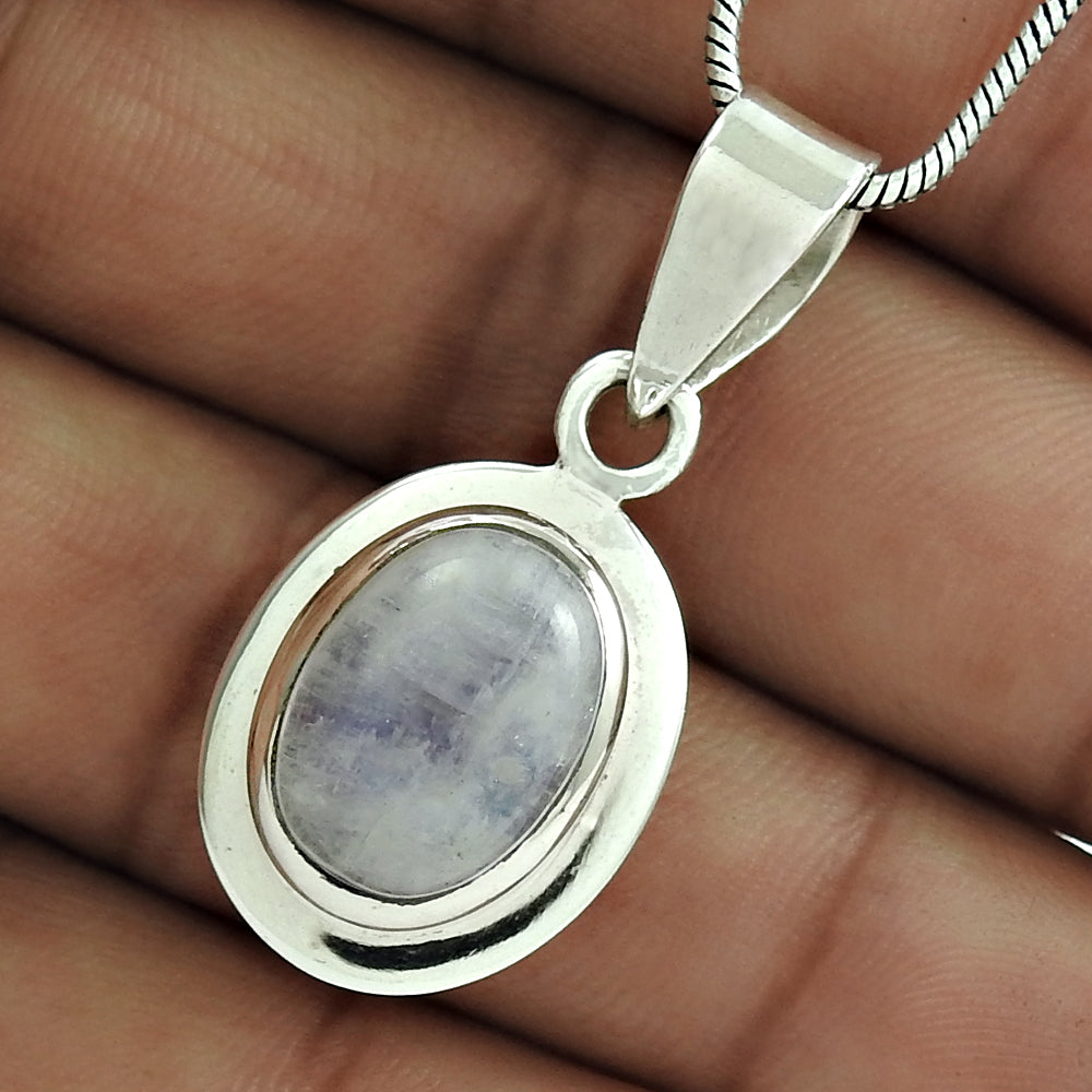 Natural Rainbow Moonstone Christmas Gift Pendant Vintage 925 Silver For Girls F5