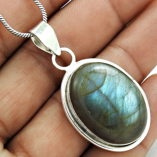 Natural Labradorite Gemstone Pendant Ethnic 925 Sterling Silver For Women O52