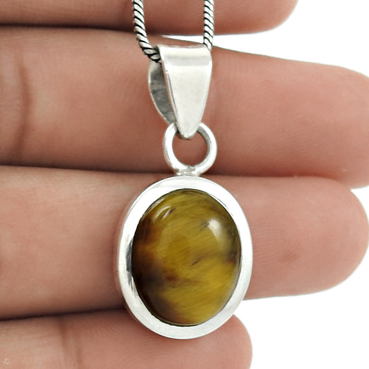 Natural Tiger'S Eye Gemstone Pendant 925 Sterling Silver Christmas Gift B5