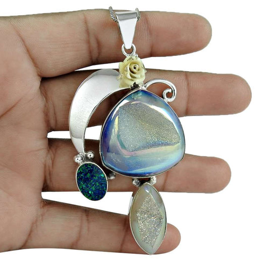 Halloween Gift Pendant Boho 925 Sterling Silver Natural Druzy Gemstone A15