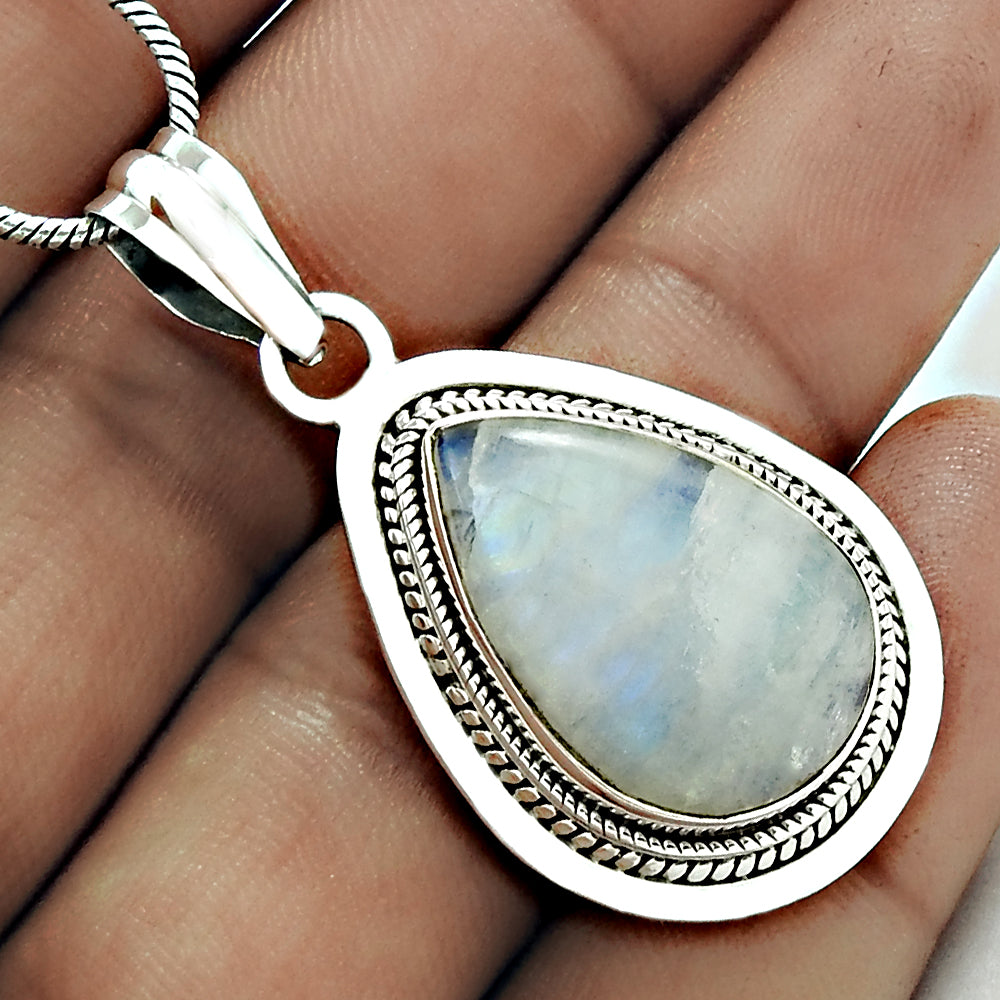 Natural Rainbow Moonstone Gemstone Pendant Boho 925 Sterling Silver Jewelry Y5