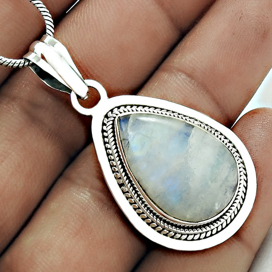 Natural Rainbow Moonstone Gemstone Pendant Boho 925 Sterling Silver Jewelry Y5