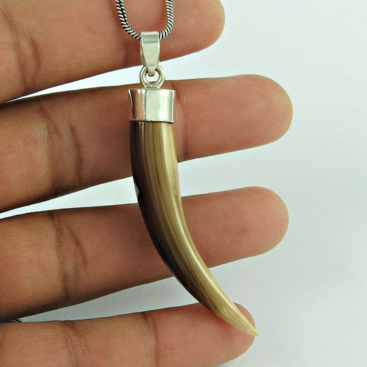 Natural Shell Gemstone Pendant Tribal Brown 925 Sterling Silver Jewelry P10
