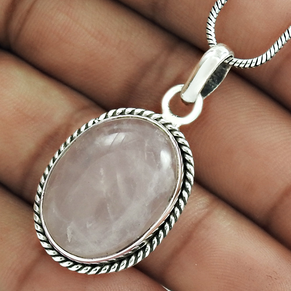 Christmas Gift 925 Sterling Silver Natural Rose Quartz Gemstone Pendant L5