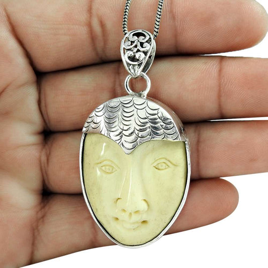 Natural Agate Gemstone 925 Sterling Silver Pendant Moon Face For Women O1