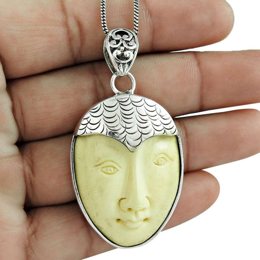 Natural Agate Gemstone 925 Sterling Silver Pendant Moon Face For Women P2