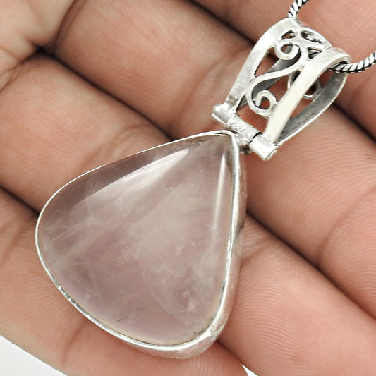 Christmas Gift Pendant Bohemian 925 Silver Natural Rose Quartz Gemstone N5