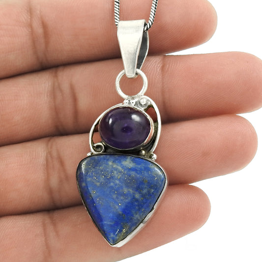 Natural Lapis Lazuli Gemstone 925 Sterling Silver Pendant Bohemian For Women C8