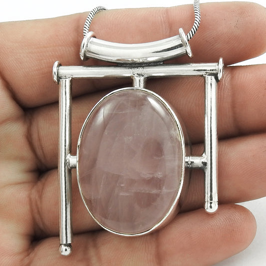 Christmas Gift Natural Rose Quartz Gemstone Pendant 925 Sterling Silver E3