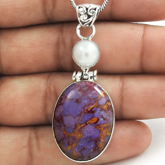 Gift For Her Natural Purple Copper Turquoise Pendant Bohemian 925 Silver Y8