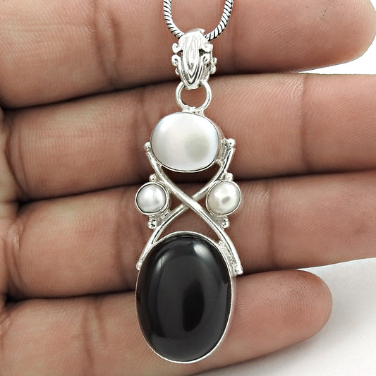 Natural Onyx Gemstone Jewelry 925 Sterling Silver Pendant Tribal For Girls Y3